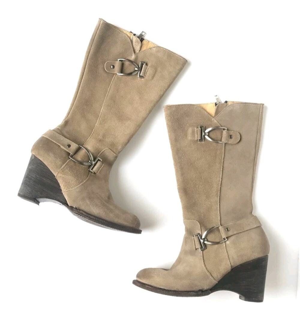 BED|STU Monarch Boots Tan Suede Wedge Heel Sz 10 Made in Mexico Coastal Cowgirl